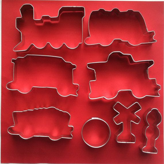 Train Set 8 Pieces Cookie Cutter Set - Train Engine Steam Thomas Box Car Caboose Tanker Crossing X Sign