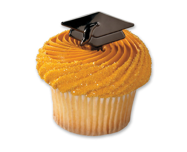 12 Metallic Gunmetal Gray / Black Grad Cap Cupcake Picks - Graduate Graduation Cap Hat