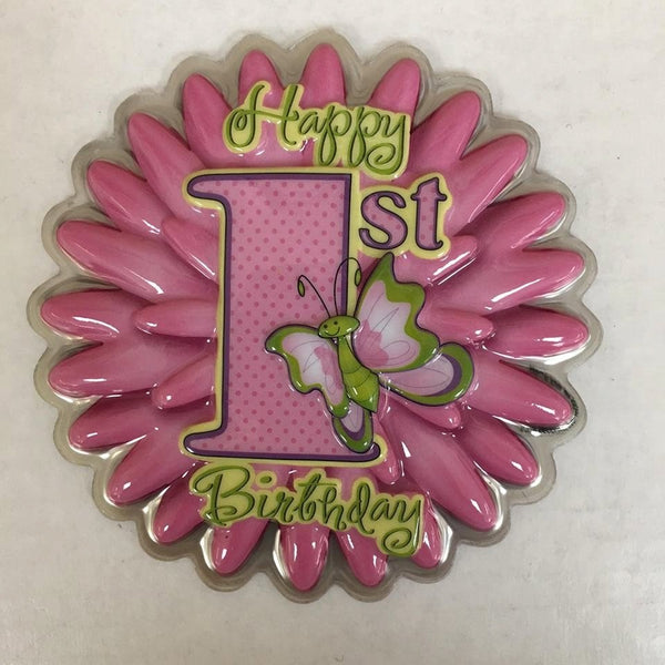 Happy 1st Birthday 5.5" POP TOPS - Cake Plaque Pick Topper Happy Birthday Baby Girl Butterfly Pink