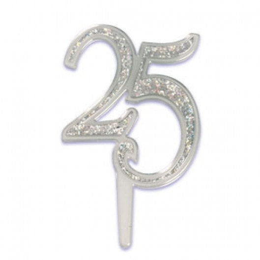 25th Cake Pick Topper - 3.5" Silver Holographic Anniversary Birthday Cupcake