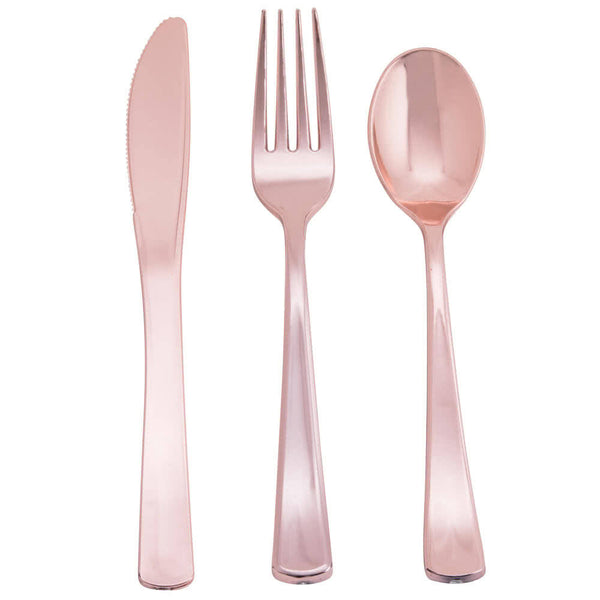 Heavy Weight Rose Gold Plastic Cutlery Pack with Knife, Fork, and Spoon - 8 of each Flatware Dining Dinnerware
